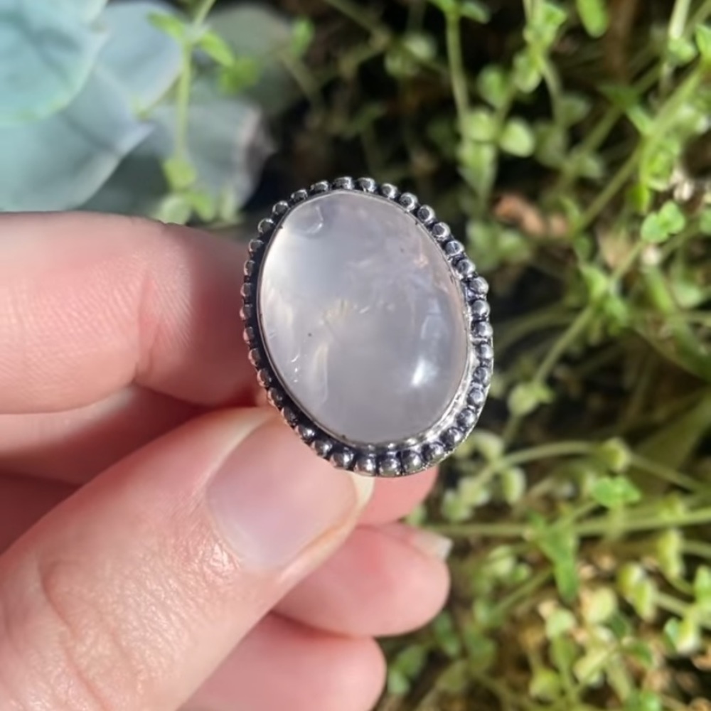 Silver plated brass rose quartz crystal gemstone ring since 8 3/4